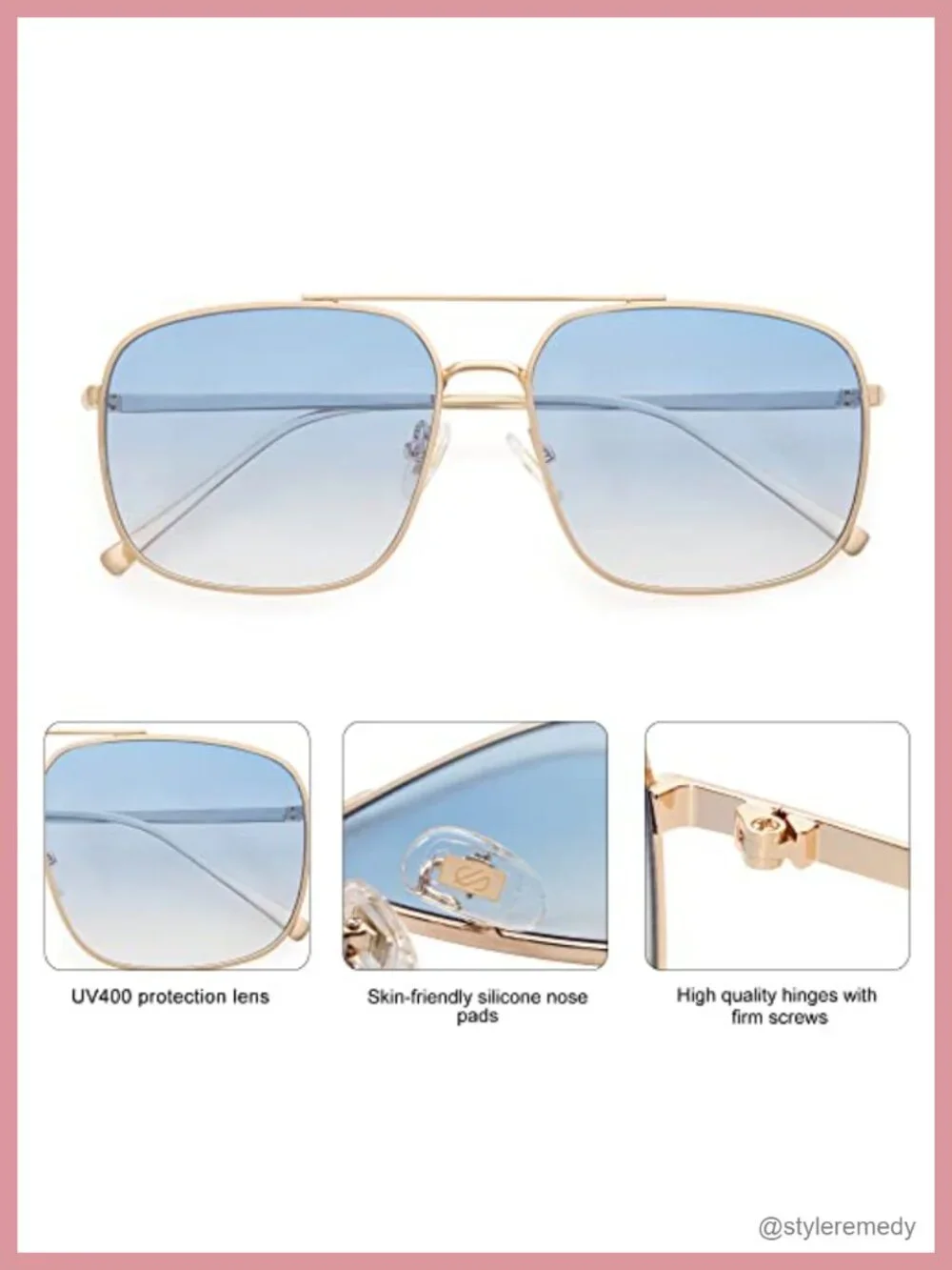 Trendy Square Aviator Sunglasses Metal Frame UV400 Protection
